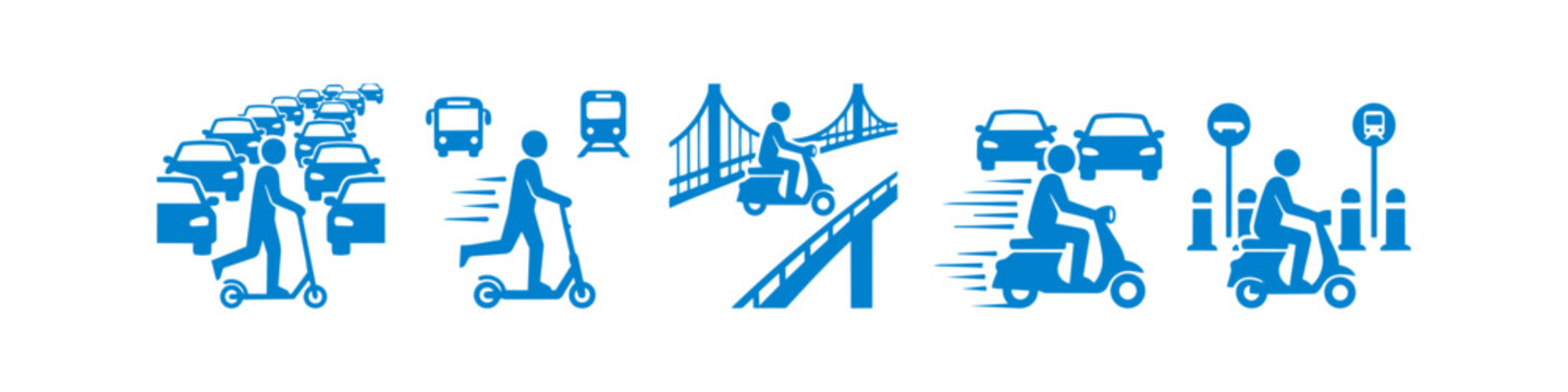 Blue icon set illustrating urban mobility scenarios with electric scooters, traffic, public transportation integration, and city infrastructure on a white background.