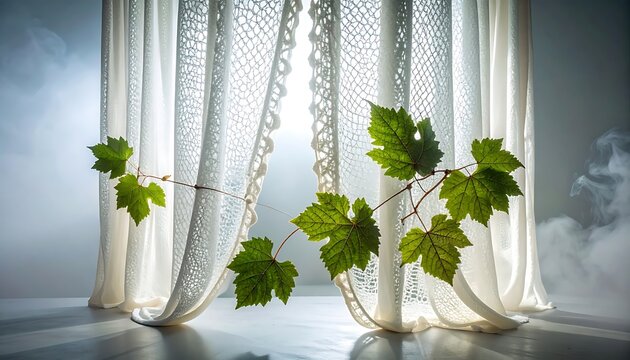 Delicate green vine with leaves gracefully draped across a sheer lace curtain, soft diffused light filtering through, creating an ethereal and tranquil atmosphere, suitable for nature