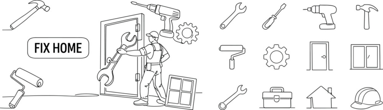 Home repair and renovation tools collection with a handyman fixing a door