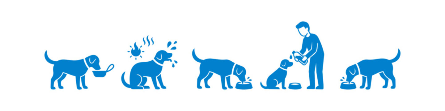 Blue vector icon set illustrating dog hydration and heat safety. Depicts a thirsty dog under a hot sun, an owner providing water, and pets drinking to stay cool and healthy in summer weather.
