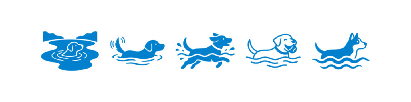 Collection of blue minimalist vector icons showing dogs swimming, splashing, and playing in water. Includes dogs fetching balls and swimming in lakes. Perfect for pet care and summer activities.