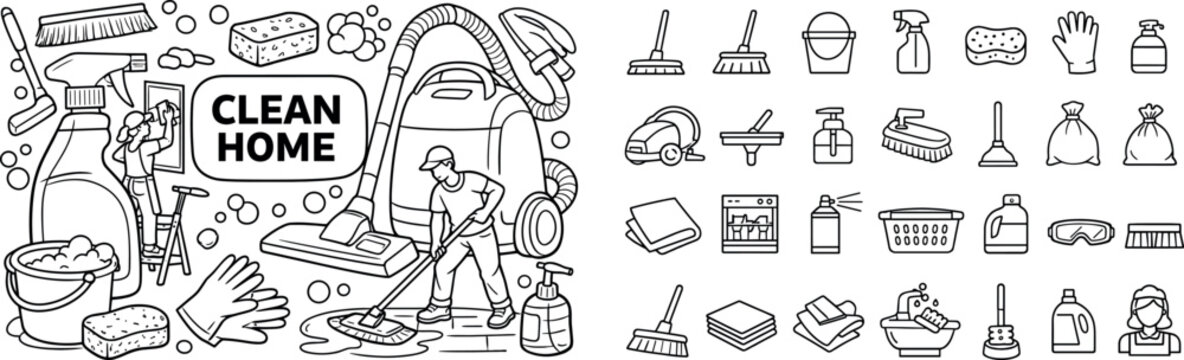 Collection of cleaning supplies and icons for a spotless home environment