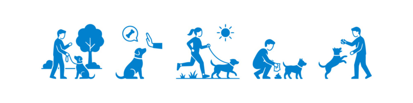 Set of blue vector icons illustrating dog ownership responsibilities and activities, including walking, training, jogging, cleaning up waste, and playing fetch.