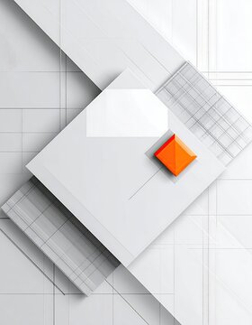 Clean white geometric overlay with orange diamond accent