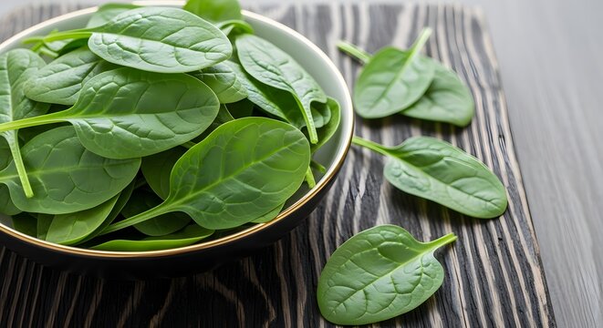 Fresh organic baby spinach leaves in a bowl on a rustic wooden table.