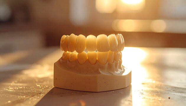 Dental model with ceramic crowns, sunlit workshop setting, representing dental prosthetics and cosmetic dentistry