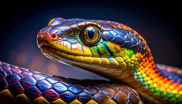 Detailed closeup of a vibrant rainbow snake head with iridescent scales and golden eye, showcasing intricate patterns and colors, mysterious and exotic reptile portrait, wild nature