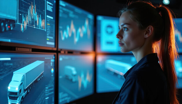 Woman engineer watches data on screens showing trucks and graphs. She monitors AI logistics systems in modern control center. Futuristic transport technology is analyzed.