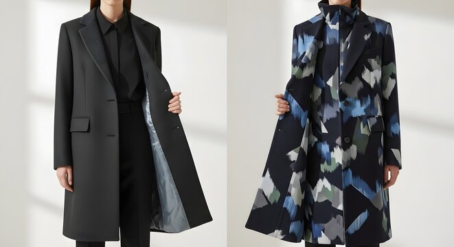 Reversible coat with hidden pattern layers and premium tailoring for contemporary fashion innovation