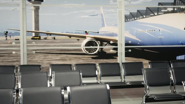 Close up of benches in empty airport hallway following delayed flight schedule. Silent waiting area lounge vacant during unexpected travel disruption, parked plane visible on glass windows