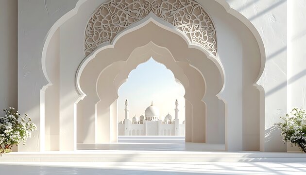 Elegant Islamic architecture with arched entryway and intricate latticework, overlooking a mosque and minarets under a clear sky, warm sunlight casting shadows