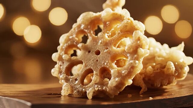 Crispy Fried Lotus Root Snack with Bokeh Background.