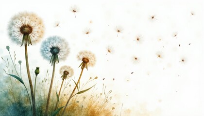 Obraz premium Watercolor dandelions scatter seeds in gentle breeze. Whimsical floral art captures serene nature motion, delicate seeds float. Soft colors bloom in airy garden scene.