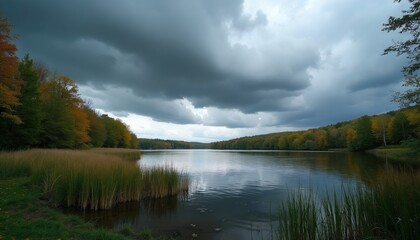 Obraz premium Wide lake reflects dark stormy clouds overhead. Autumn forest borders water with orange and green trees. Tall grass grows near calm blue lake shore.