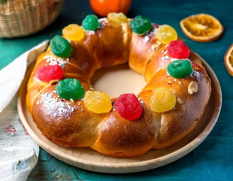 colorful rosca de reyes traditional mexican sweet bread decorated with candied fruits