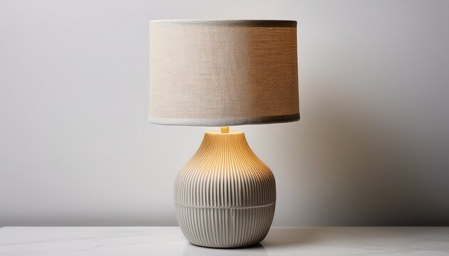 a simple ceramic table lamp with a textured base and fabric shade stands on a white background