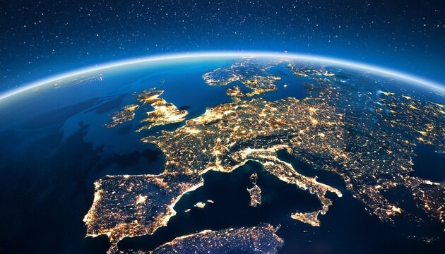 earth at night from space showing europe and mediterranean city lights aerial view from orbit perspective