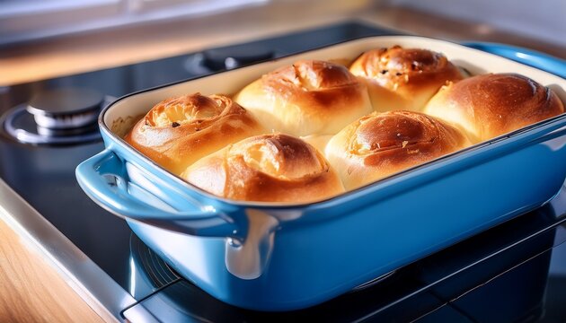 freshly baked dinner rolls in blue dutch oven on gas stovetop in kitchen interior close up food photography