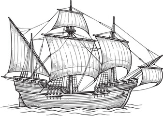 Vintage wooden sailing ship illustration, hand-drawn vector sketch of a 17th century galleon on sea. © Sadiadesigner