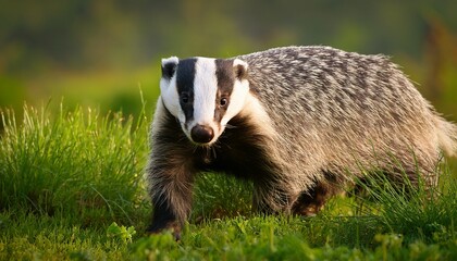 Fototapeta premium a curious badger standing in a lush green meadow looking directly at the camera