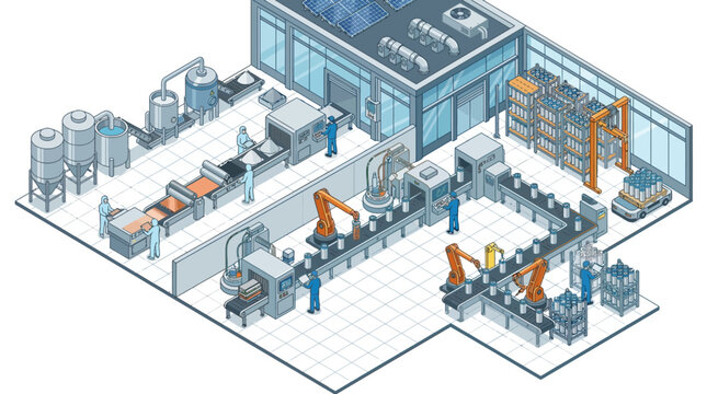 Automated Factory Production Line with Robotic Arms and Solar Panels