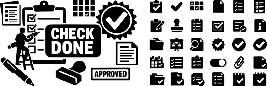 Collection of icons representing tasks, approvals, and completion for business and project management