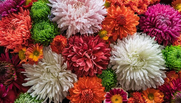 handmade floral wall background featuring vibrant red orange pink purple green and white chrysanthemum flowers beautiful wedding decoration and event backdrop