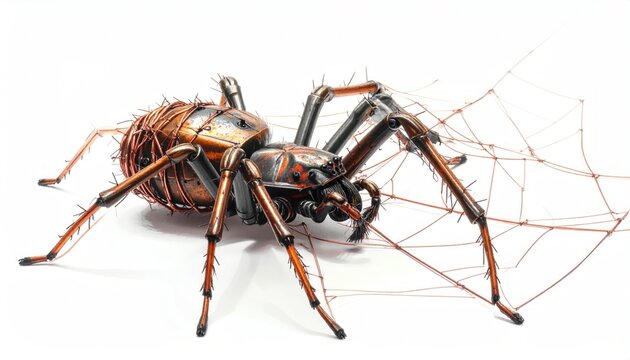 Brown Spider with Web on White Background.