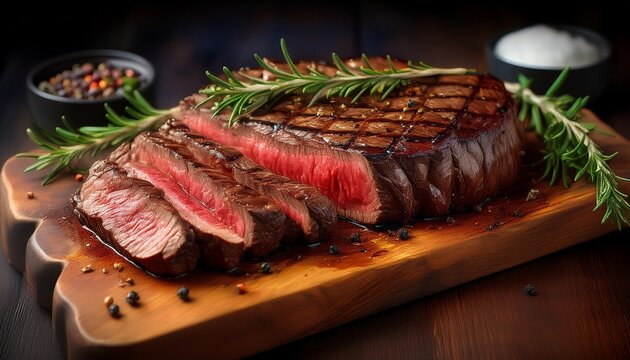 juicy angus steak or sirloin steak grilled over hot coals sliced rare on a wooden board generative ai