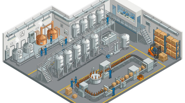 Beer Brewery Production Line with Fermentation Tanks Bottling Conveyor and Warehouse