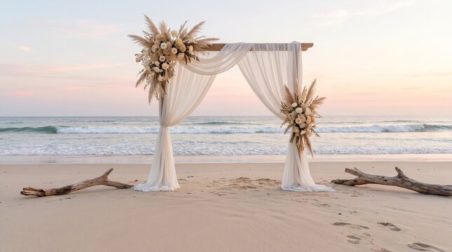 Romantic wedding arch featuring white fabric and pampas grass decor on a tranquil sandy beach at sunset, overlooking gentle ocean waves, ideal for a seaside ceremony