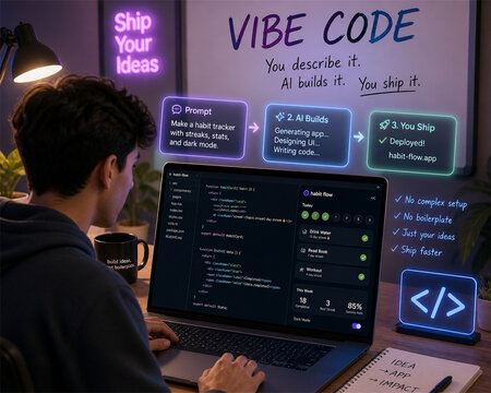 Developer working at a laptop in a neon home studio with vibe code wall notes glowing screens programming dashboard and creative software workflow for modern technology projects at night