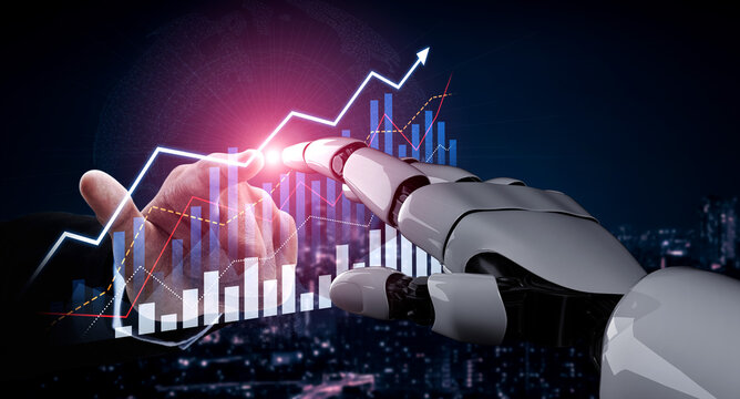 A human hand reaches out to connect with a robotic arm, set against a backdrop of digital graphs that illustrate growth and technological advancement in a bustling city. Scalp