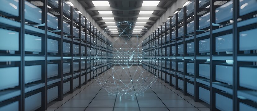 Modern Data Center Corridor with Server Racks and Symmetrical Lighting Representing Cloud Computing Storage Infrastructure Cyber Security and Enterprise Technology Environment