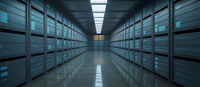 Modern Data Center Corridor with Server Racks and Symmetrical Lighting Representing Cloud Computing Storage Infrastructure Cyber Security and Enterprise Technology Environment