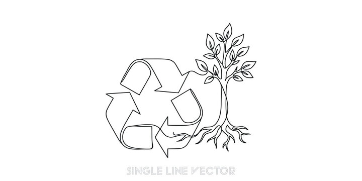 Continuous line drawing of a recycling symbol integrated with a growing tree, representing environmental protection and sustainable living