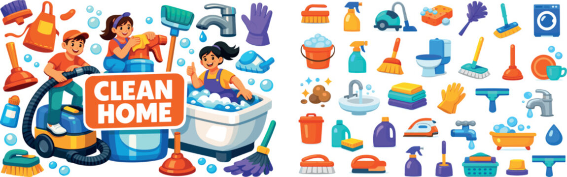 Happy cartoon people and cleaning supplies for a spotless home