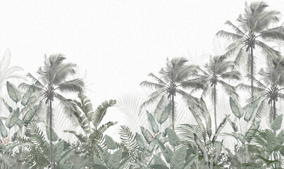Tropical Palm Background with Soft Neutral Foliage and Vintage Jungle Texture © csinie1