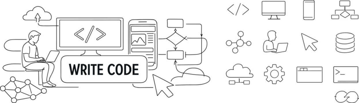 Programmer writing code on laptop surrounded by software development icons and cloud
