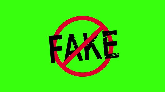 Animated red prohibition sign with FAKE text on green screen. Concept of anti-piracy, misinformation, fact check, and digital security.