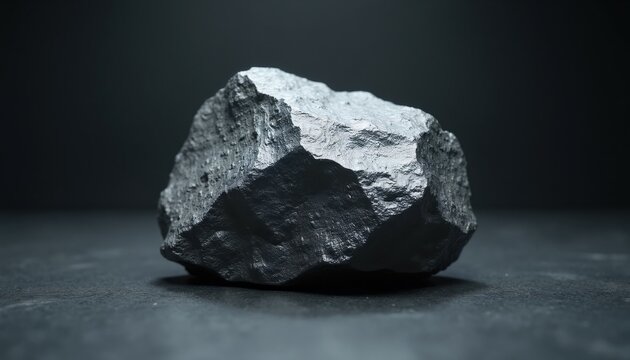 Heavy grey lump of elemental lead metal sits on dark surface. Soft dense malleable material used in industry and construction. Close up studio shot of raw shiny nugget.