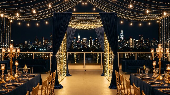 Elegant rooftop reception venue set up with beautiful table decorations and city skyline at night