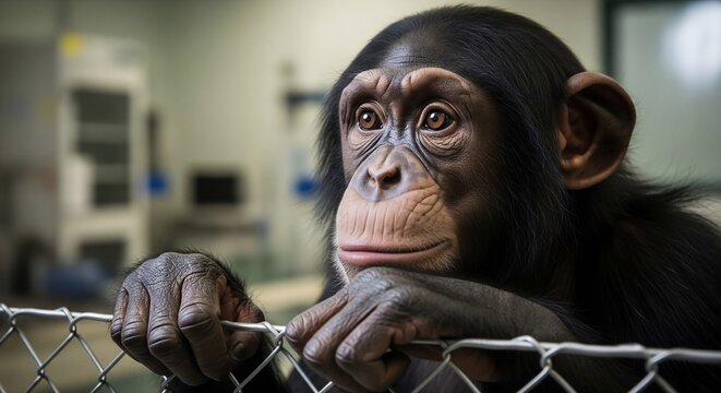 Thoughtful chimpanzee looking through a wire fence in a lab setting