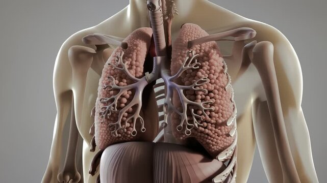 Detailed anatomical illustration of human lungs and respiratory system within a translucent torso model