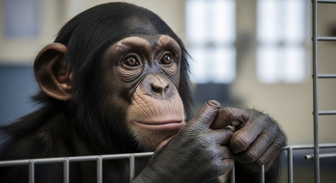 Close-up portrait of a young chimpanzee behind cage bars at a zoo