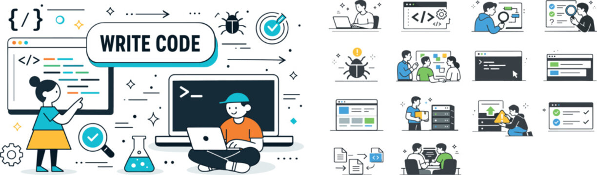 Young programmers learning to write code and debug software applications