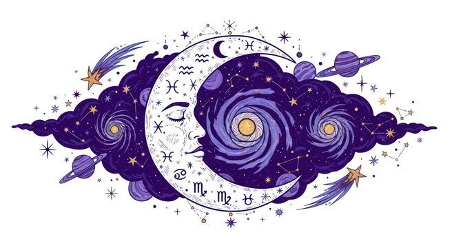 Celestial Moon Face with Zodiac Symbols, Galaxy, Stars, and Planets