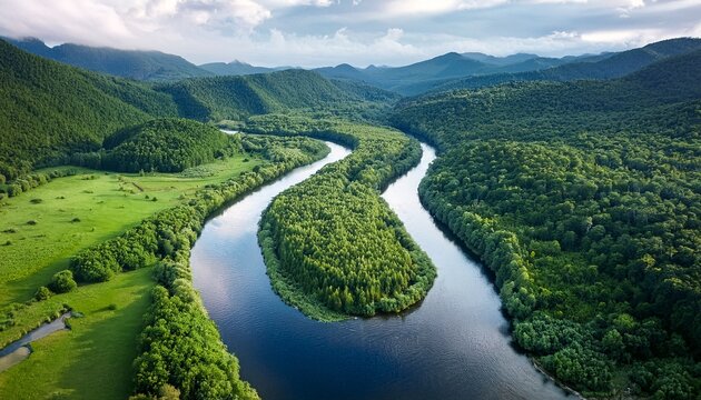 aerial view of a river flowing through a lush green forest