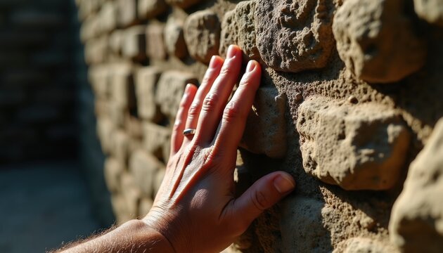 Person touches rough stone wall outside. Close up hand on ancient weathered rock surface. Summer sun casts shadows on old building structure. Human finger explores heritage material.