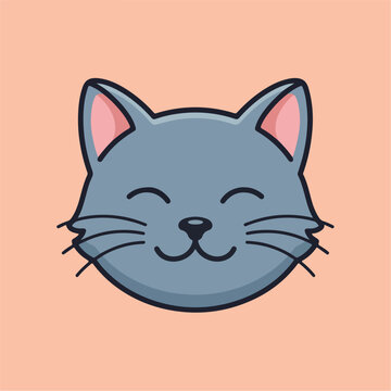 Cute Cartoon Gray Cat Face with Closed Eyes and Smiling Expression.